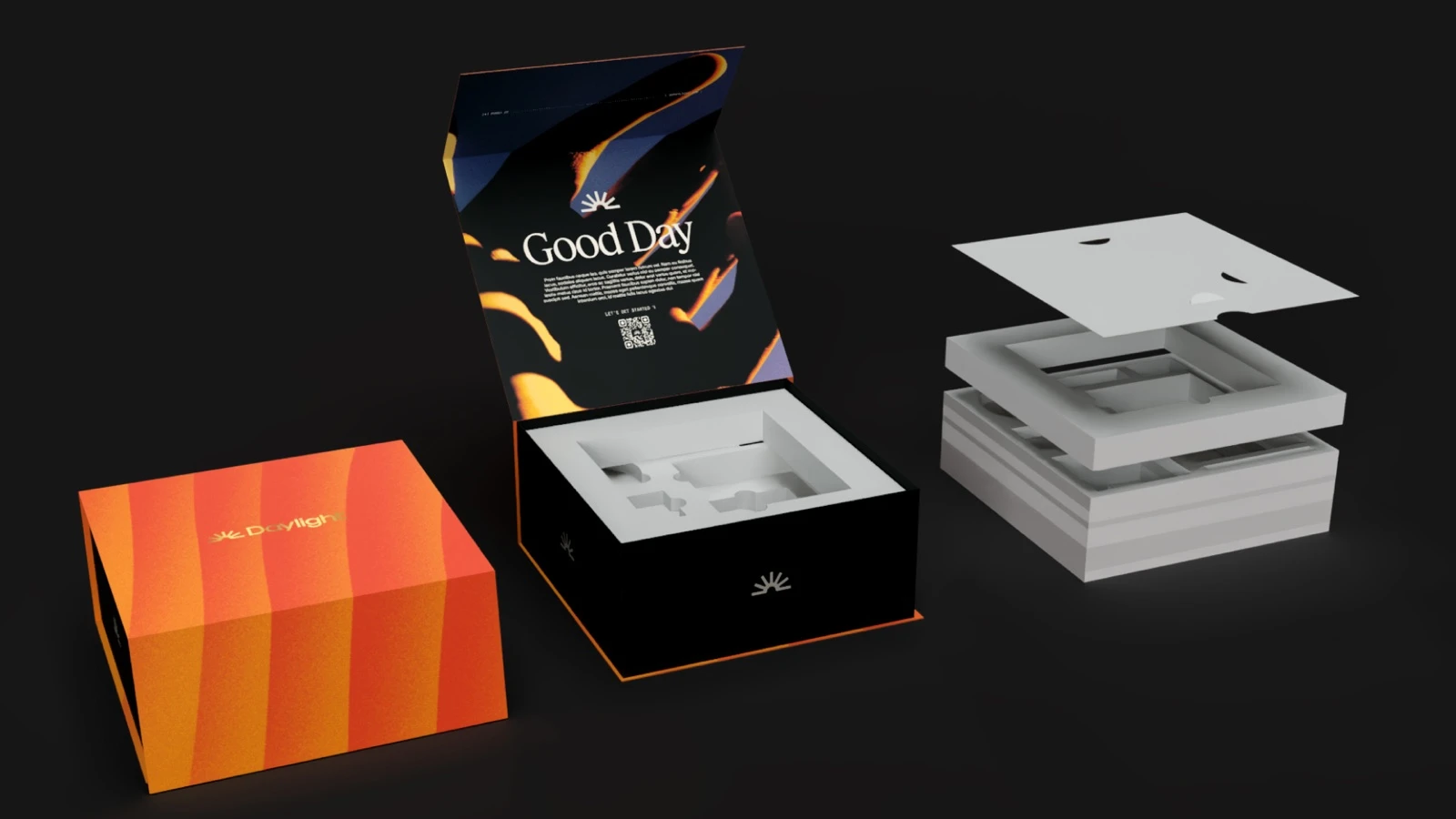 Daylight welcome kit: orange and black Good Day boxes with home essentials