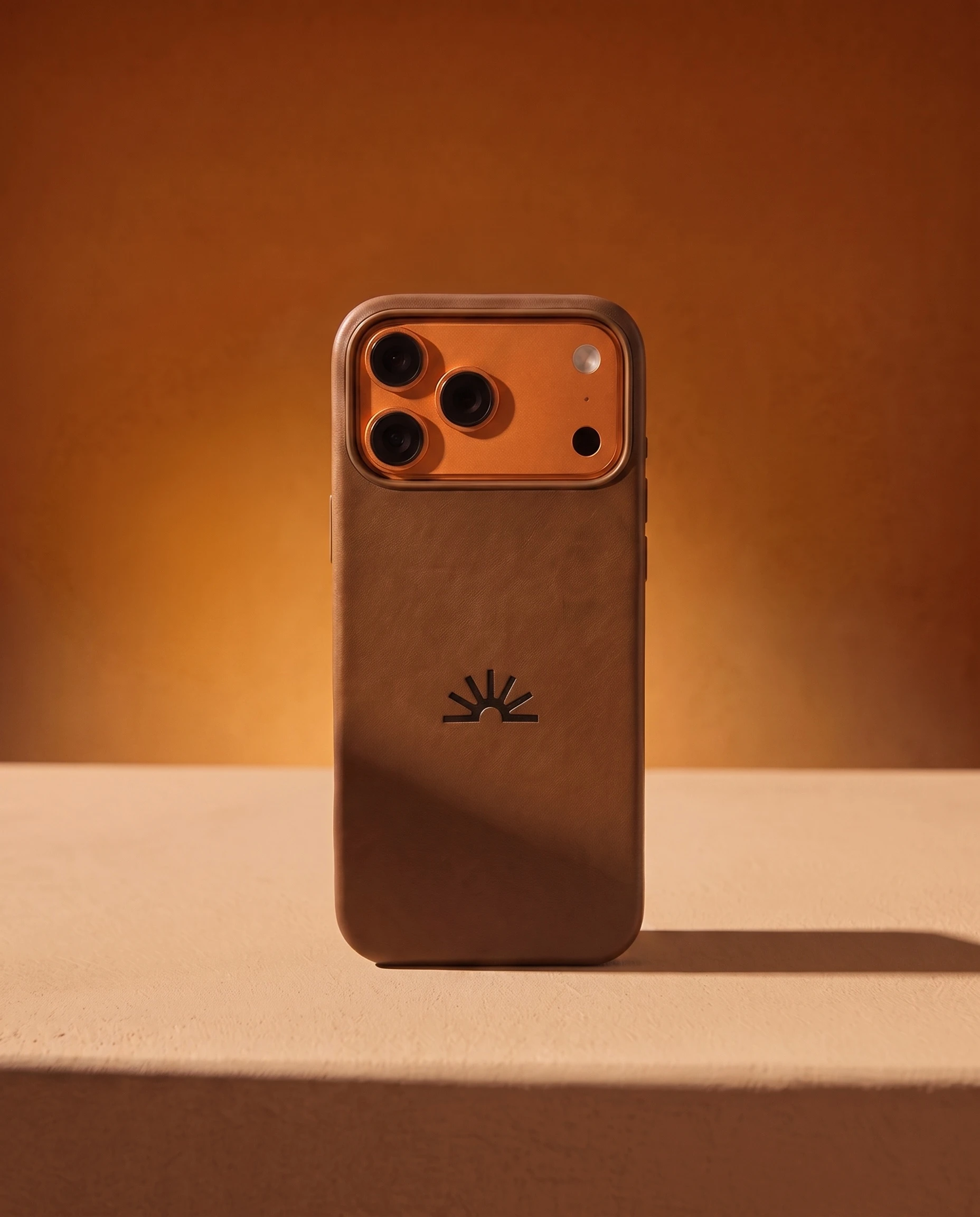 Brown leather phone case with an embossed Daylight logo